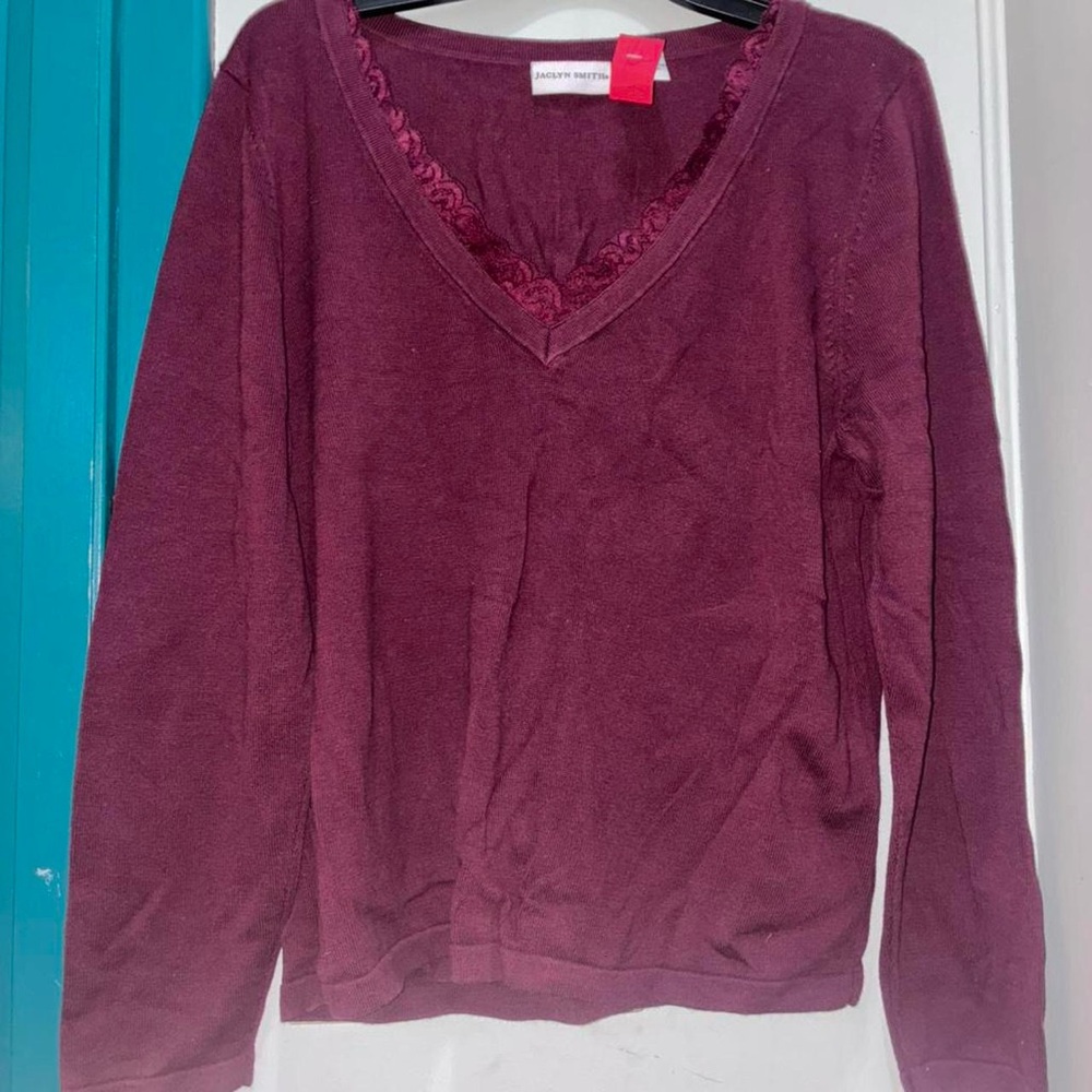Jaclyn Smith Burgundy V-Neck Long Sleeve Top with Lace Trim